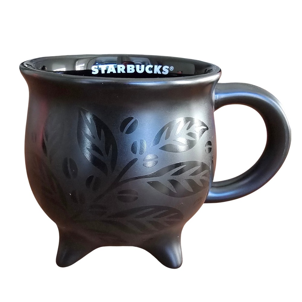 Starbucks Matte Black Cauldron Coffee Mug 14oz Halloween Botanical Leaf 2023